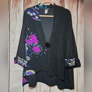 Moonlight Black Floral Cardigan With XL Button Cuffed Sleeves Oversized Small